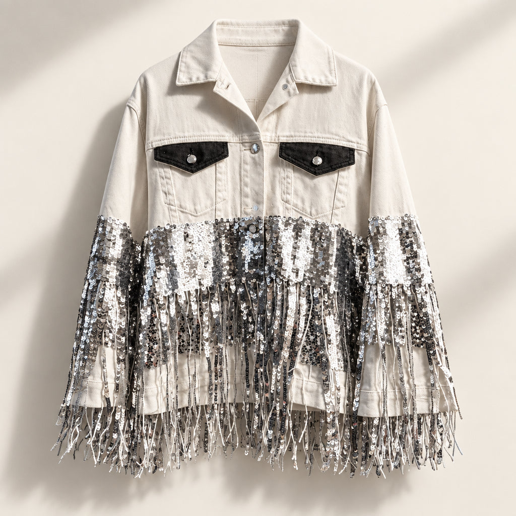 Wren + Glory Denim Jacket Embellished Sequins White/Silver/Black Ladies Size M