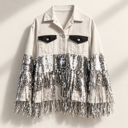 Wren + Glory Denim Jacket Embellished Sequins White/Silver/Black Ladies Size M