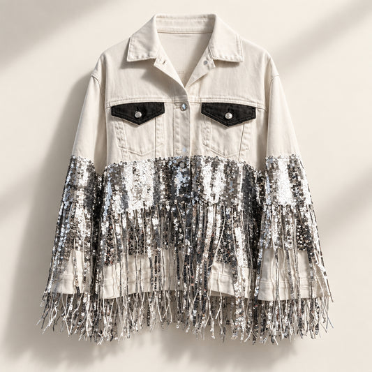 Wren + Glory Denim Jacket Embellished Sequins White/Silver/Black Ladies Size M