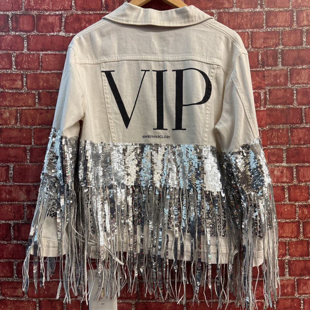 Wren + Glory Denim Jacket Embellished Sequins White/Silver/Black Ladies Size M