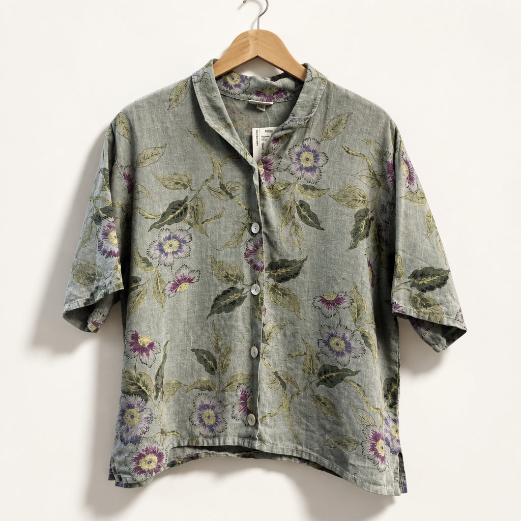 Habitat Linen Top Short Sleeve MOP Buttons Floral Sage/Purple Ladies Size M/L