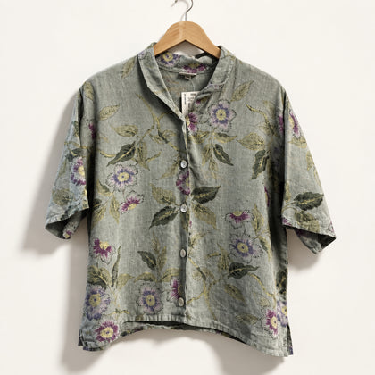 Habitat Linen Top Short Sleeve MOP Buttons Floral Sage/Purple Ladies Size M/L