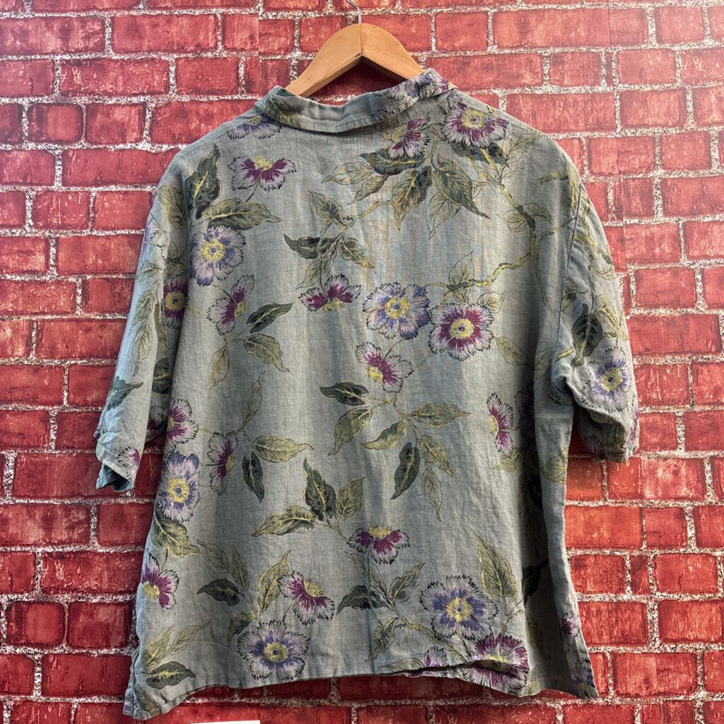Habitat Linen Top Short Sleeve MOP Buttons Floral Sage/Purple Ladies Size M/L