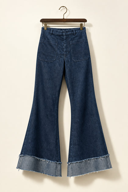 Vintage Jeans Big Cuff Wide Leg Front Pockets Blue Ladies Size 12
