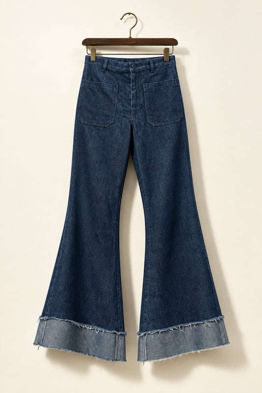 Vintage Jeans Big Cuff Wide Leg Front Pockets Blue Ladies Size 12