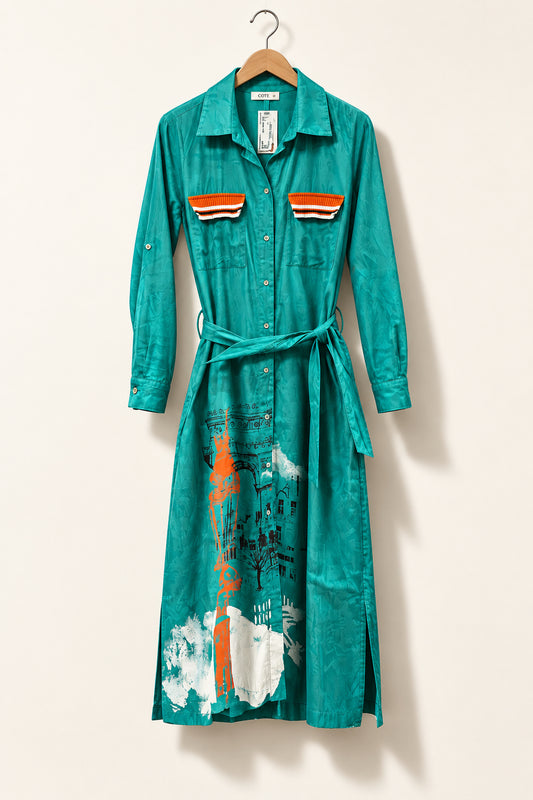 Bize Vintage Maxi Dress Button Front Teal/Orange Ladies Size 1