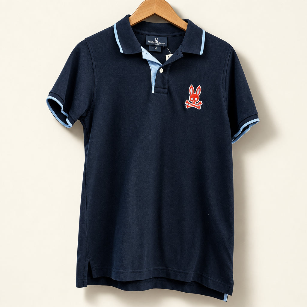 Pyscho Buny Prima Cotton Polo Shirt Navy/Light Blue/Orange Men’s Size 3`