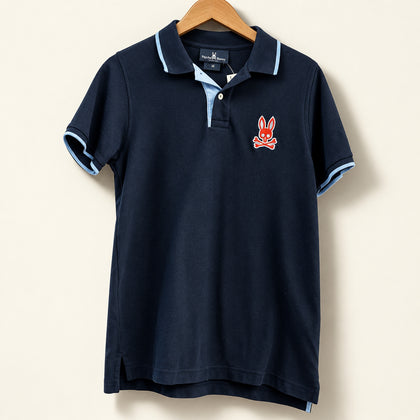 Pyscho Buny Prima Cotton Polo Shirt Navy/Light Blue/Orange Men’s Size 3`