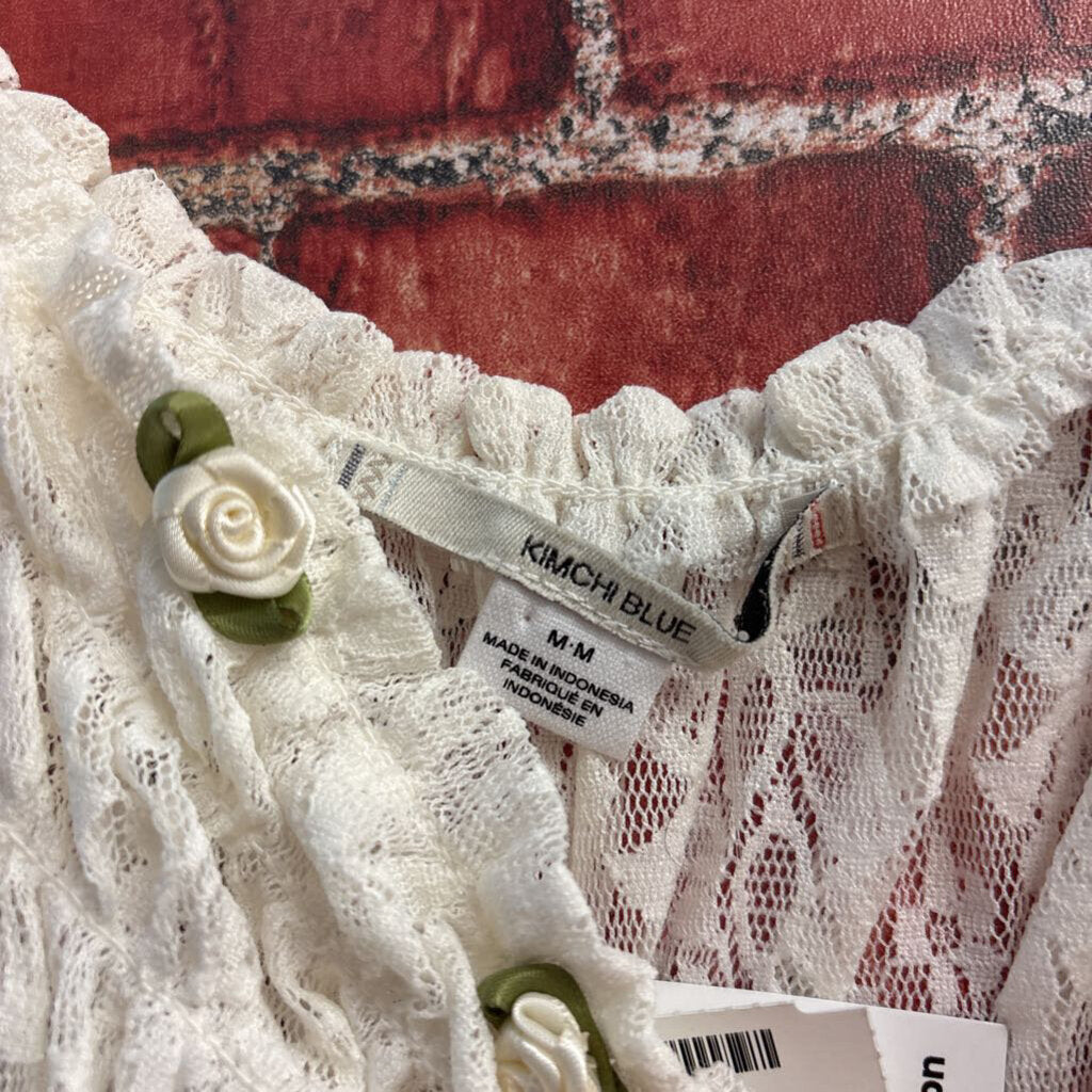 Kimchi Blue Sheer Lace Babydoll Top Rose Details White Ladies Size M