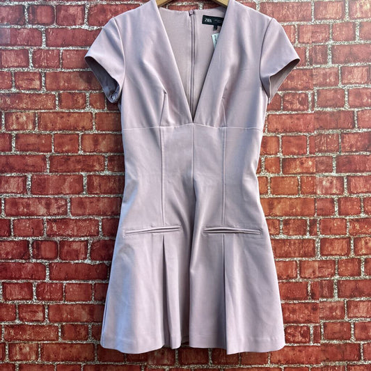 Zara Box Pleat V-Neck Mini Dress Pink Size S