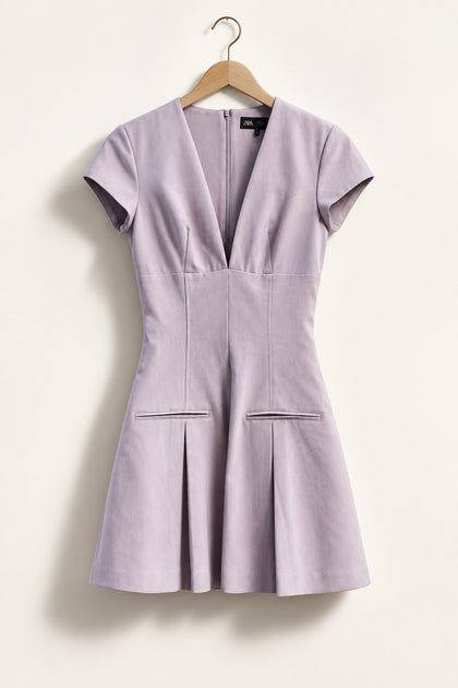 Zara Box Pleat V-Neck Mini Dress Pink Ladies Size S