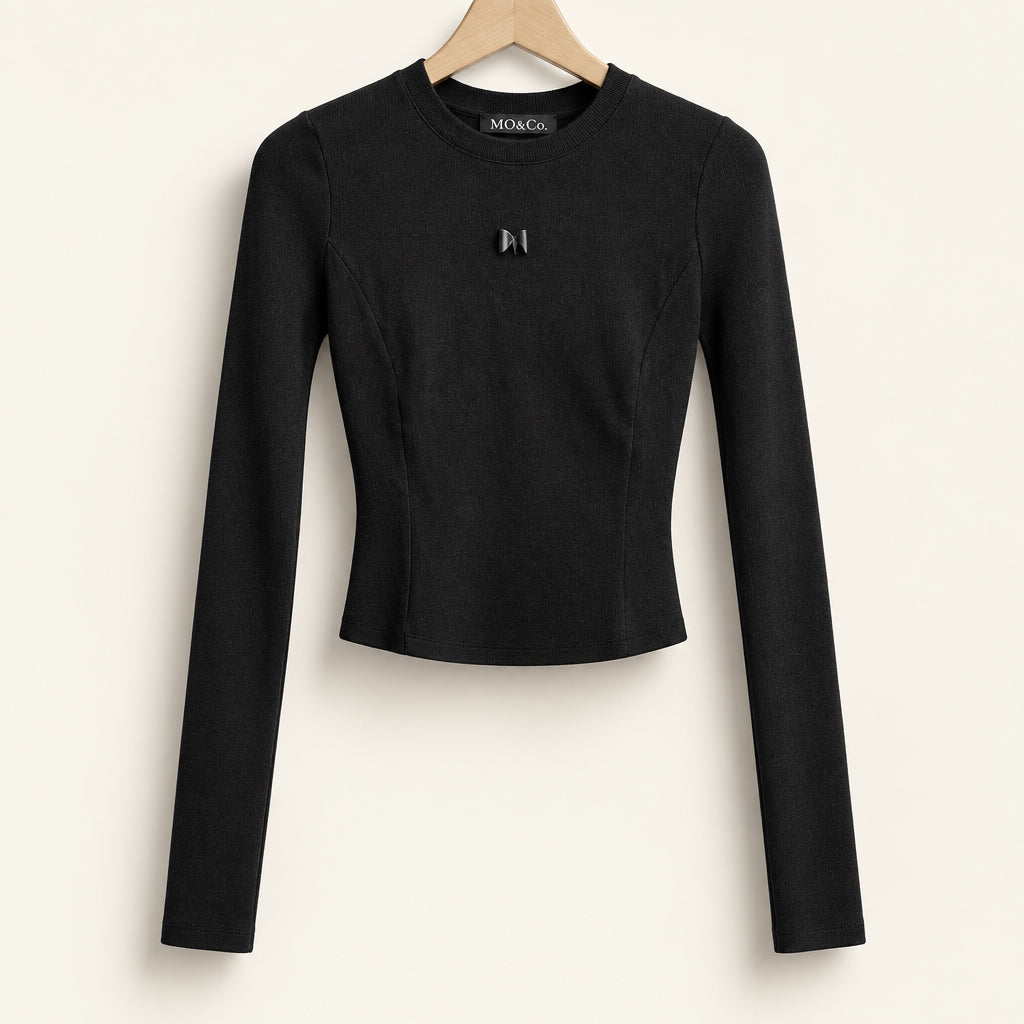 MO & Co. Long Sleeve Ribbed Knit Top Metal M Black Ladies Size M