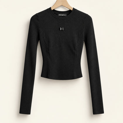 MO & Co. Long Sleeve Ribbed Knit Top Metal M Black Ladies Size M