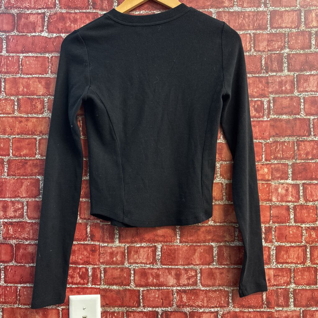 MO & Co. Long Sleeve Ribbed Knit Top Metal M Black Ladies Size M