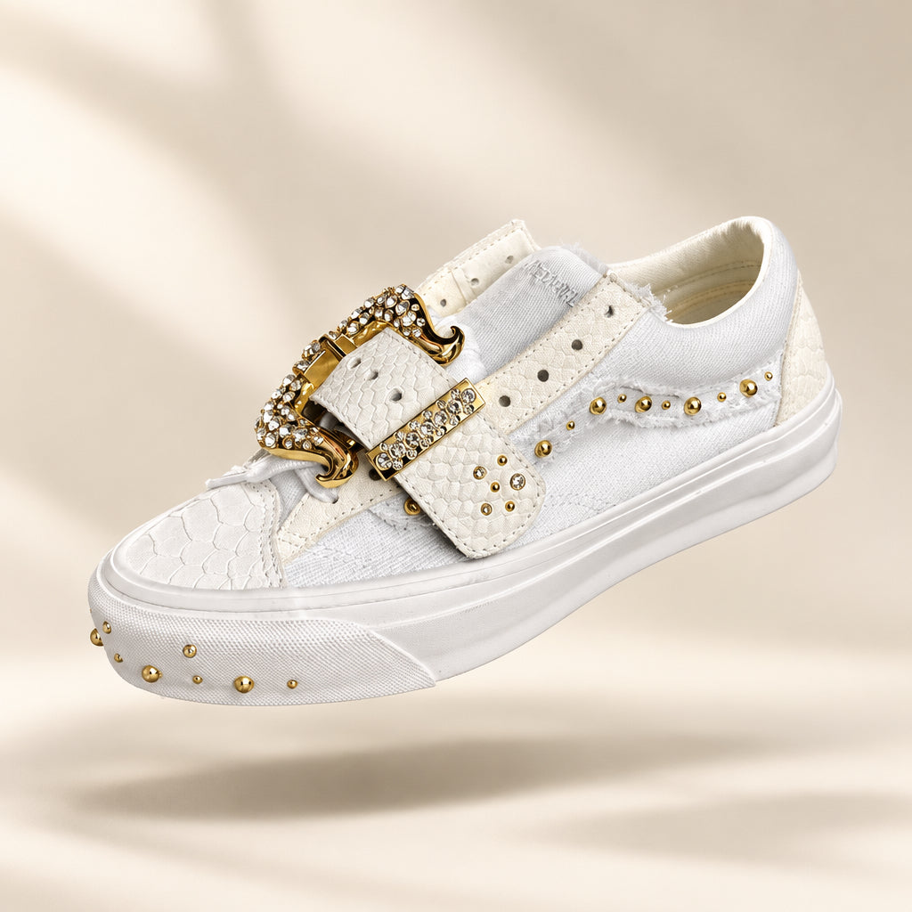 Vans x Metagirl Sneakers Croc Print on Toe Big Gold Buckle Gold Studs White/Gold Size 9L