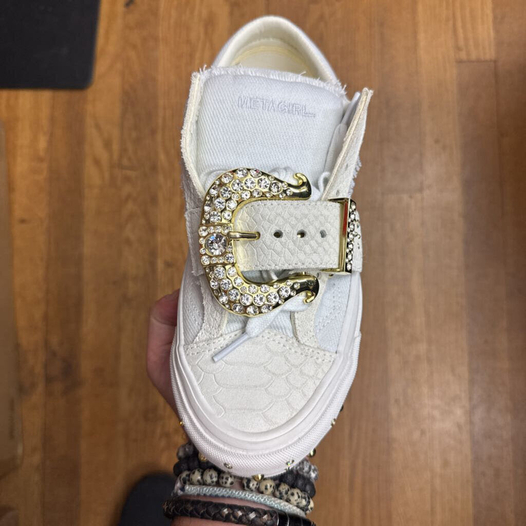Vans x Metagirl Sneakers Croc Print on Toe Big Gold Buckle Gold Studs White/Gold Size 9L
