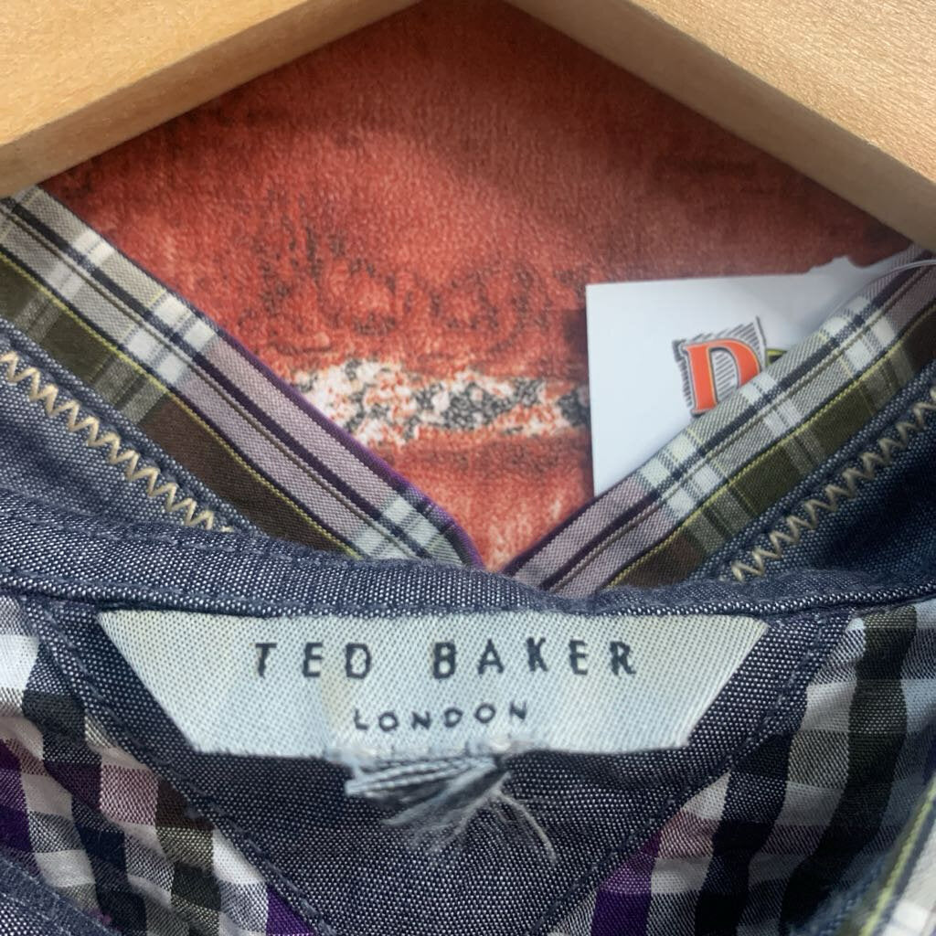 Ted Baker Collared Half Button Up Stripped Black/Purple Men’s Size S