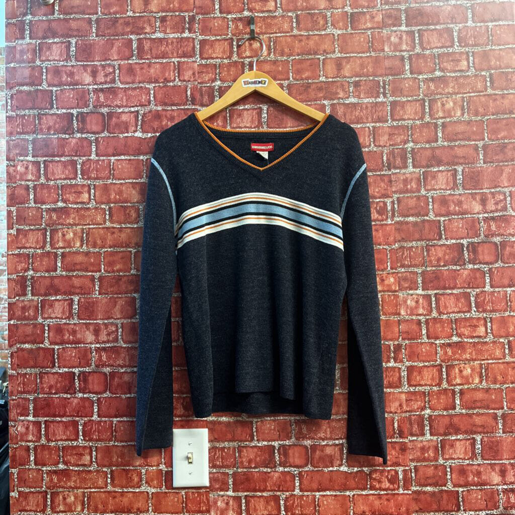 Union Bay Knit Sweater Striped Details Dark Grey/Orange/Baby Blue Size L