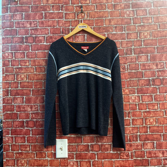 Union Bay Knit Sweater Striped Details Dark Grey/Orange/Baby Blue Size L
