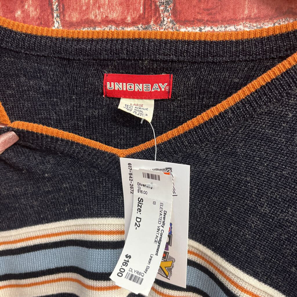 Union Bay Knit Sweater Striped Details Dark Grey/Orange/Baby Blue Size L