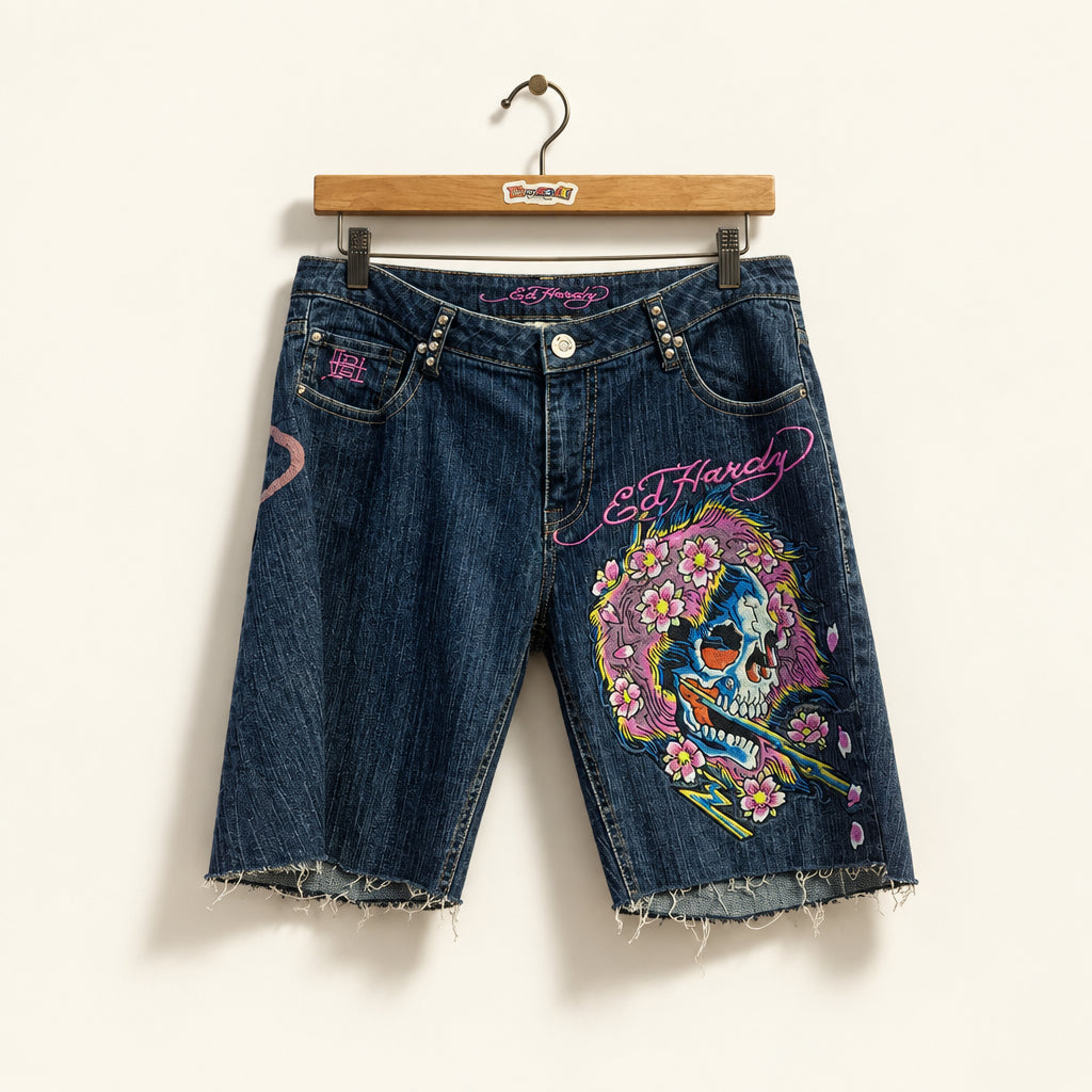 Ed Hardy Jorts Graphic Design Blue/Pink Ladies Size 16