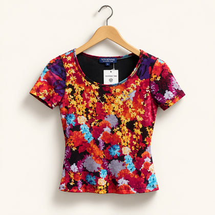 Vivienne Tam T-shirt Floral Design Red/Orange/Purple/Blue Ladies Size XS