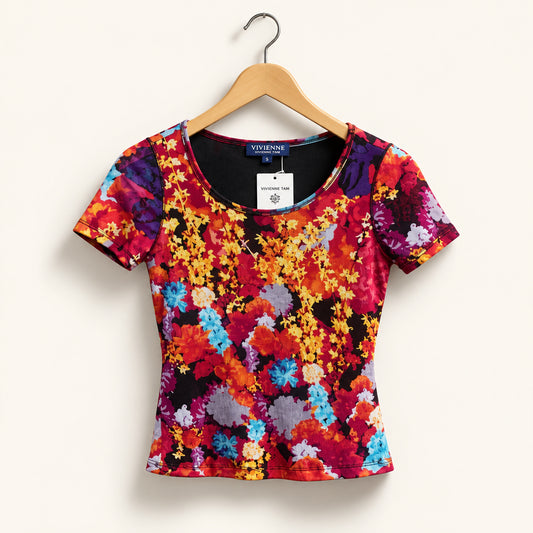 Vivienne Tam T-shirt Floral Design Red/Orange/Purple/Blue Ladies Size XS