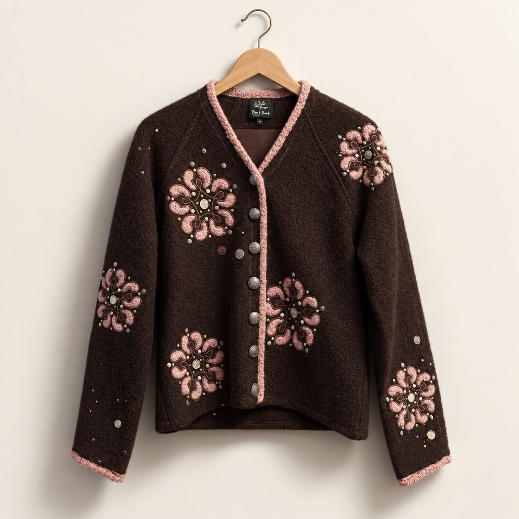 CoVelo Boiled Wool Sweater Cardigan Brown/Pink/Green Ladies Size M