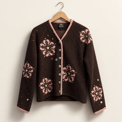 CoVelo Boiled Wool Sweater Cardigan Brown/Pink/Green Ladies Size M