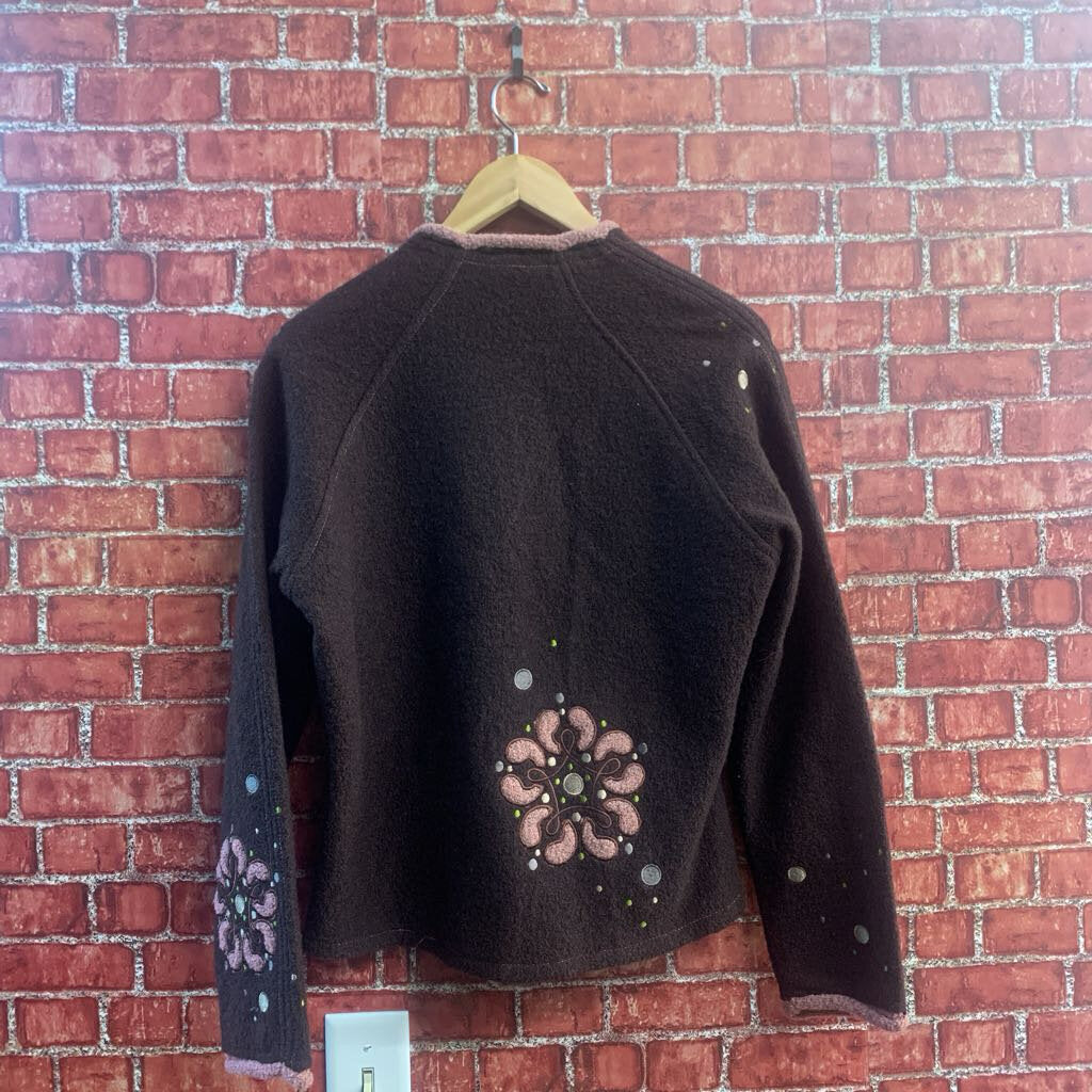 CoVelo Boiled Wool Sweater Cardigan Brown/Pink/Green Ladies Size M