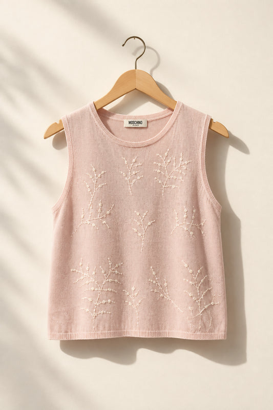 Moschino Cheap and Chic Y2K Tank Embroidered Floral Sequins Pale Pink Ladies Size L