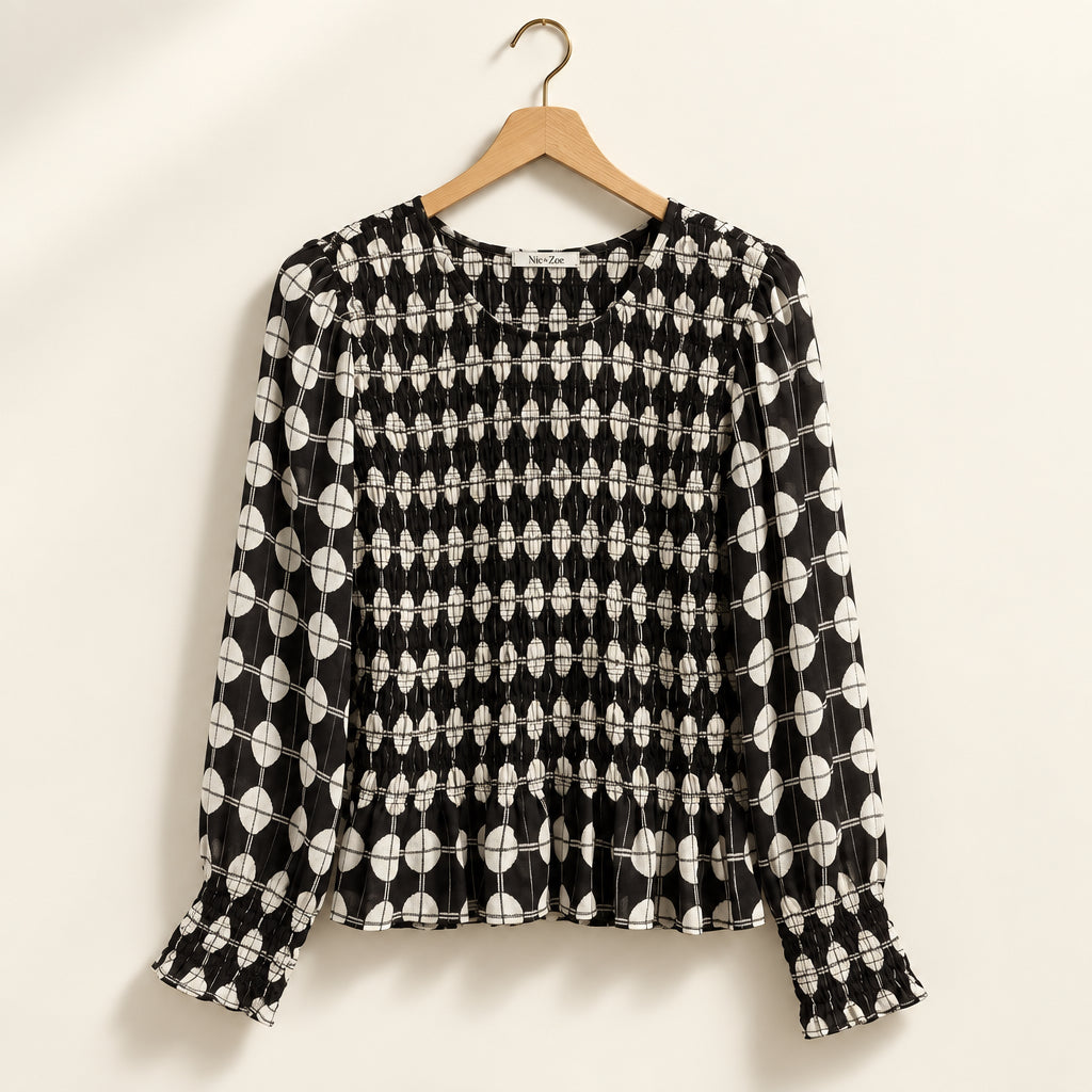 Nic & Zoe Smocked Long Sleeve Dot Print Blouse Black/White Ladies Size L