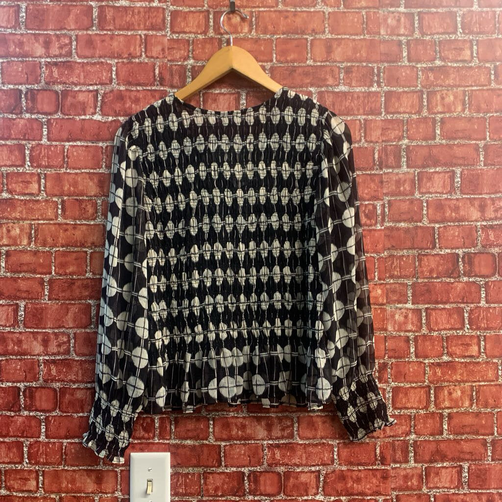 Nic & Zoe Smocked Long Sleeve Dot Print Blouse Black/White Ladies Size L