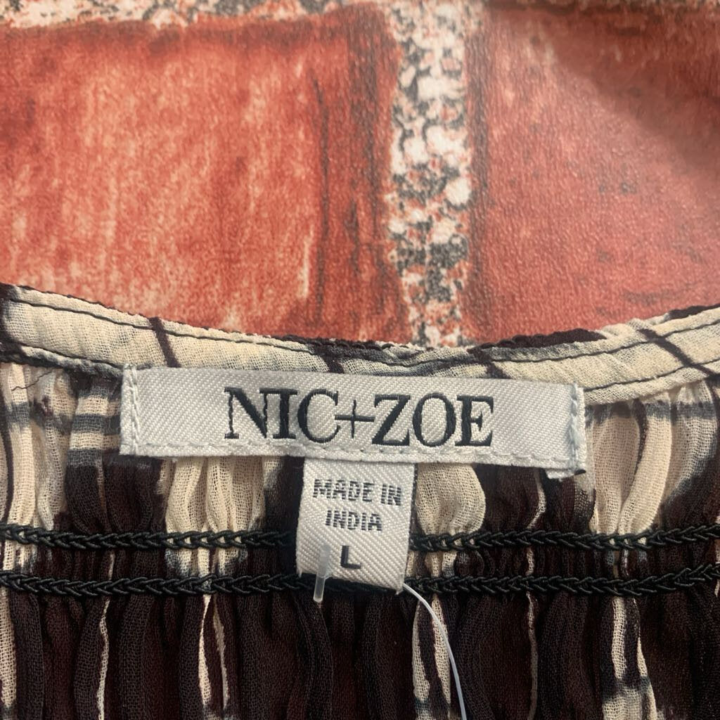 Nic & Zoe Smocked Long Sleeve Dot Print Blouse Black/White Ladies Size L