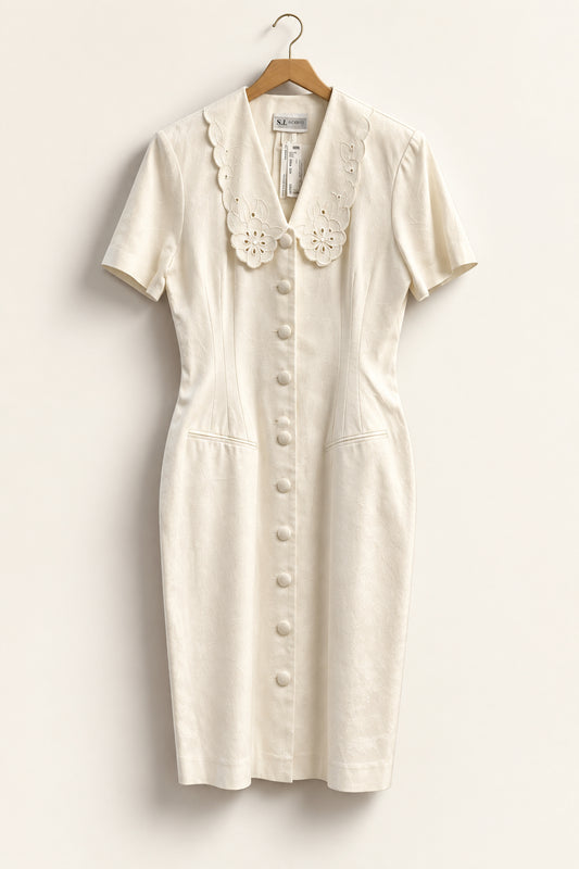 S.L. Fashions Vintage Midi Dress Short Sleeve Eyelet Collar Cream Ladies Size 12
