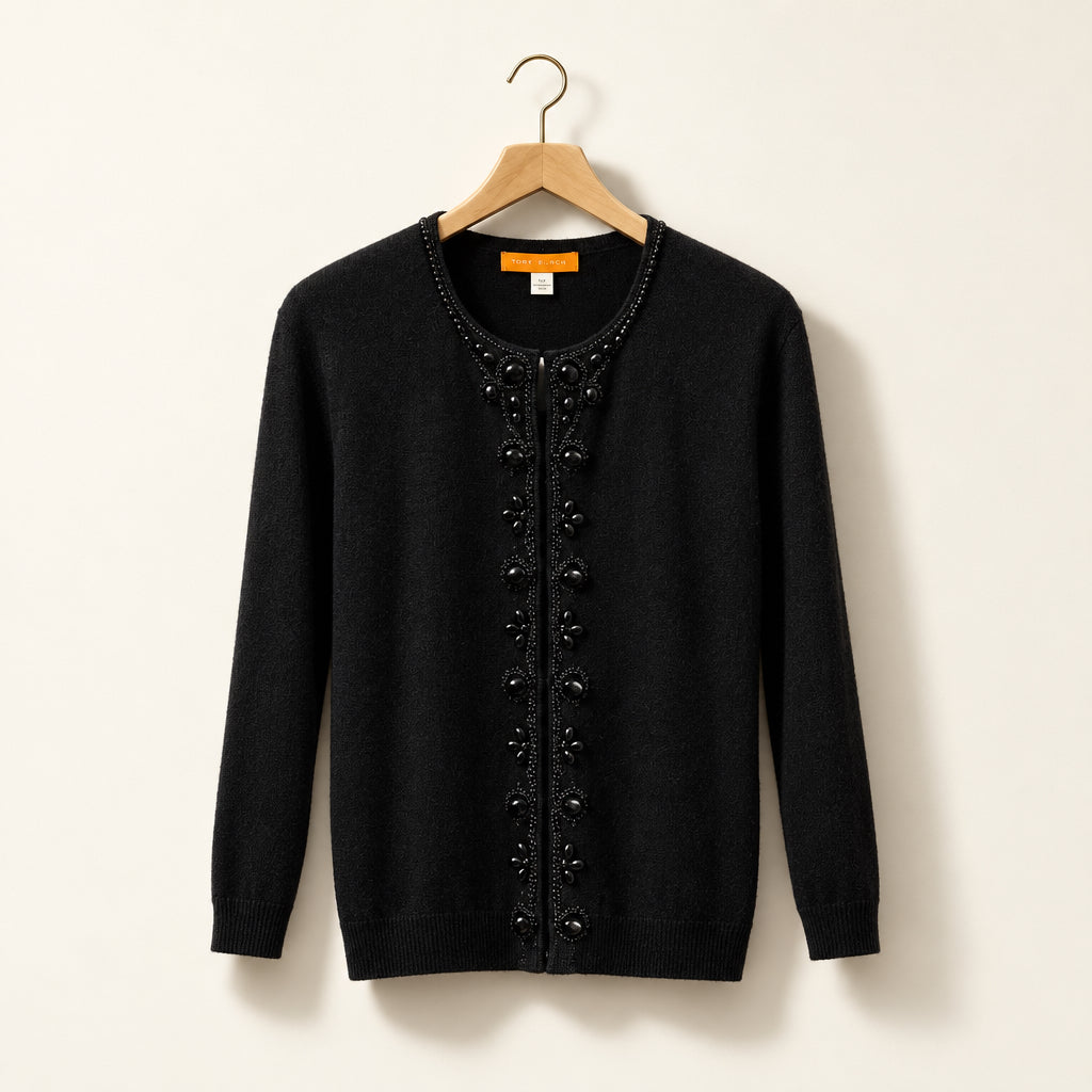 Cynthia Steffe Jeweled Embellished Cotton Knit Cardigan Black Ladies Size L
