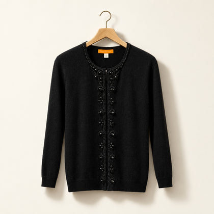 Cynthia Steffe Jeweled Embellished Cotton Knit Cardigan Black Ladies Size L