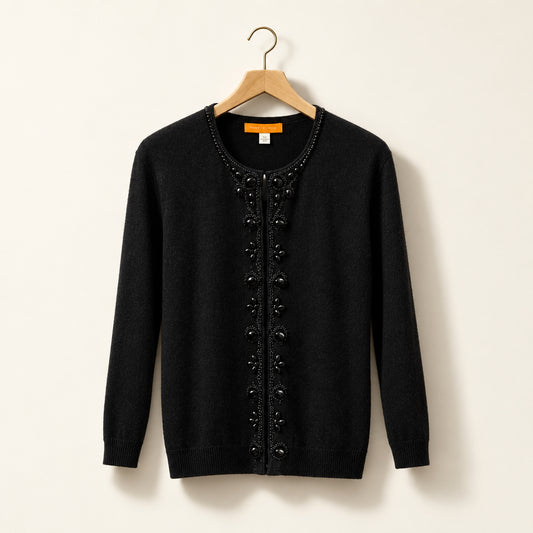 Cynthia Steffe Jeweled Embellished Cotton Knit Cardigan Black Ladies Size L