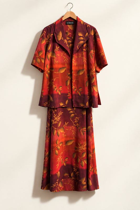 Sag Harbor Vintage 2 Piece Set Midi Dress and Short Sleeve Cardigan Leaves Red/Maroon Ladies Size 20W