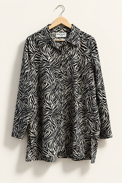 New Gear Plus Vintage Tunic Button Up Zebra Pattern Black/Beige Ladies Size 2X