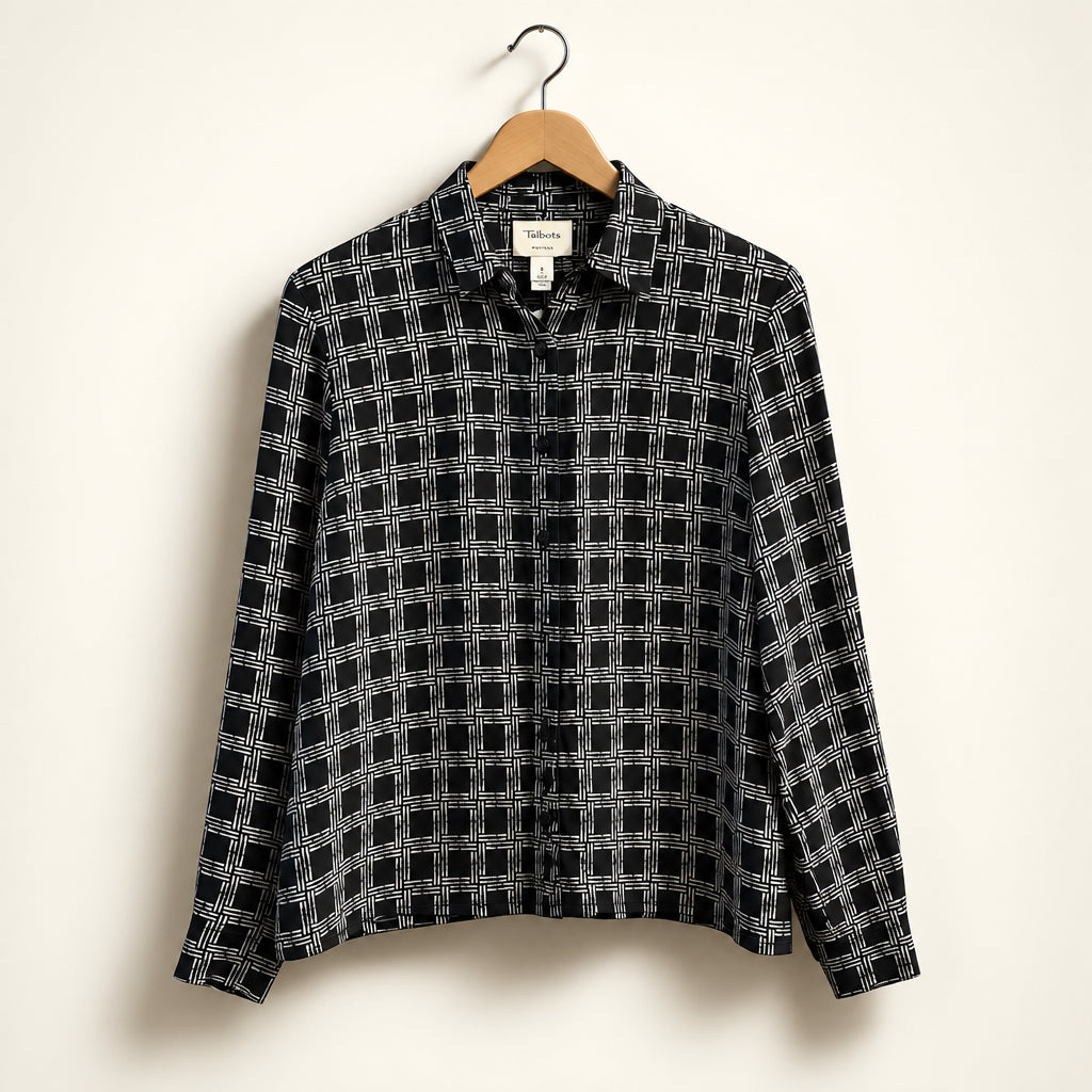 Talbots Silk Button Up Long Sleeve Square Print Black/White Ladies Size 6