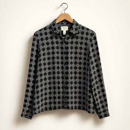 Talbots Silk Button Up Long Sleeve Square Print Black/White Ladies Size 6