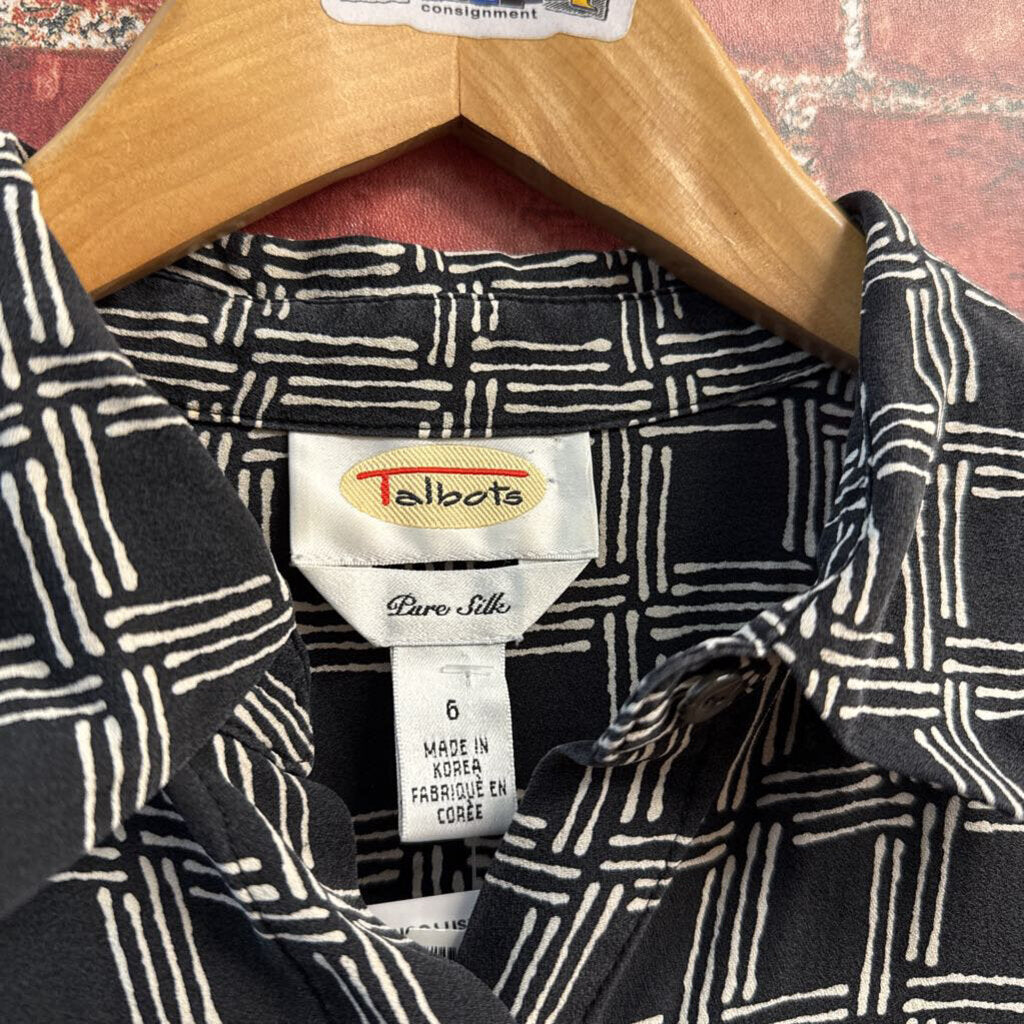 Talbots Silk Button Up Long Sleeve Square Print Black/White Ladies Size 6