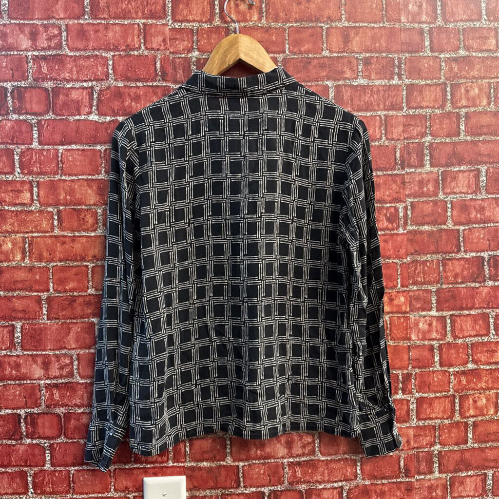 Talbots Silk Button Up Long Sleeve Square Print Black/White Ladies Size 6