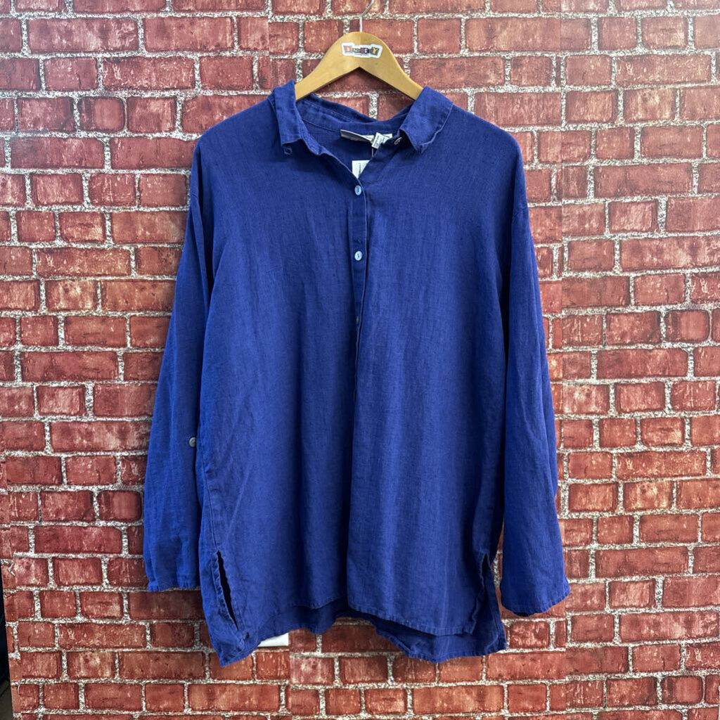 Vintage Chicos Design 100% Linen Button Up Blouse Blue Ladies Size 2