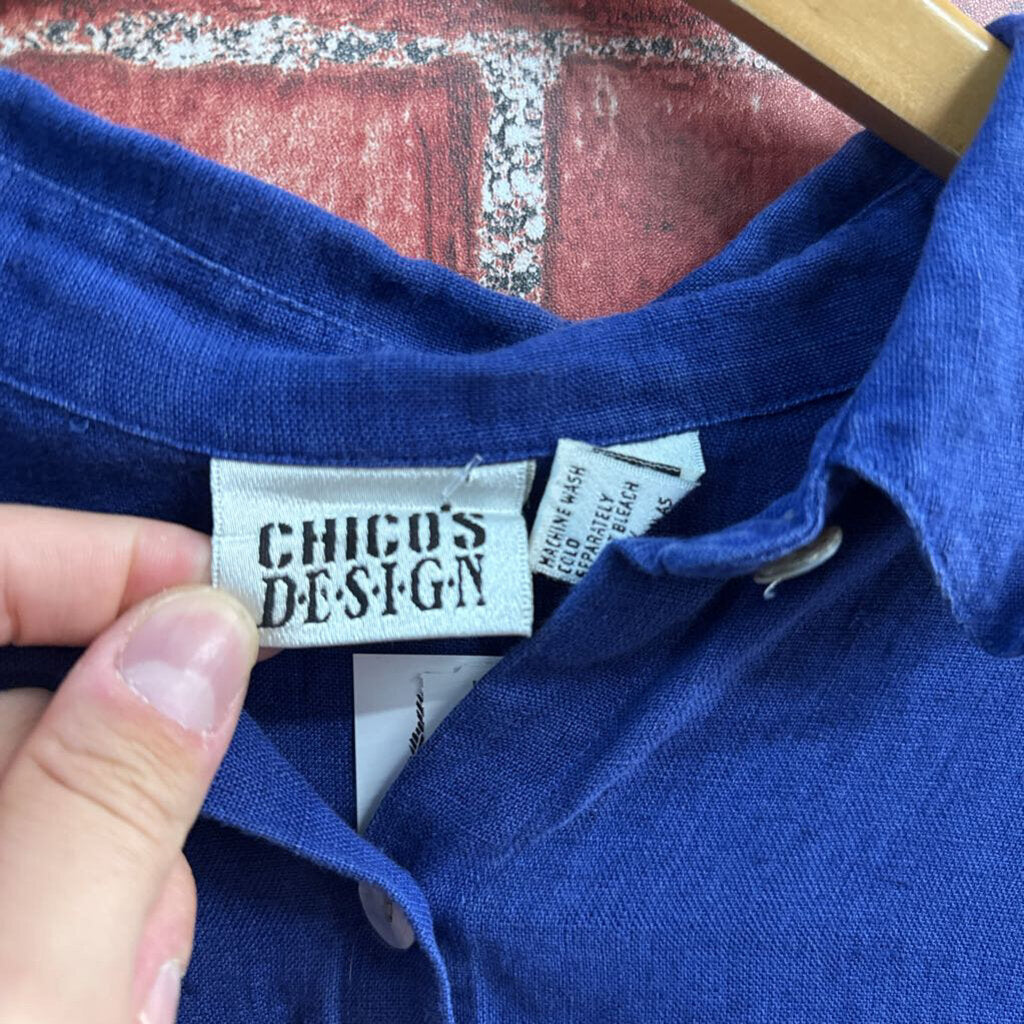 Vintage Chicos Design 100% Linen Button Up Blouse Blue Ladies Size 2