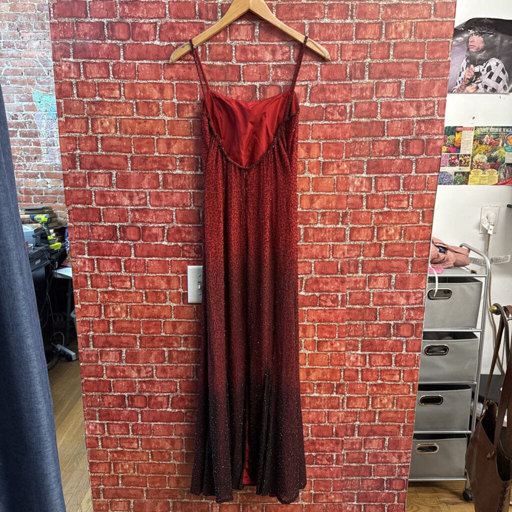 Laurence Kazar Silk Heavily Hand-Beaded Skinny Straps Formal Dress Red/Black Ladies Size M