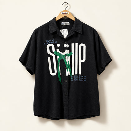Quang Vinh Short Sleeve Button Up Text Black/White/Green Ladies Size M