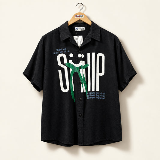 Quang Vinh Short Sleeve Button Up Text Black/White/Green Ladies Size M