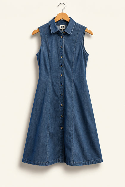 Anne Klein Midi Dress Button Up Tank Chambray Blue Ladies Size 6